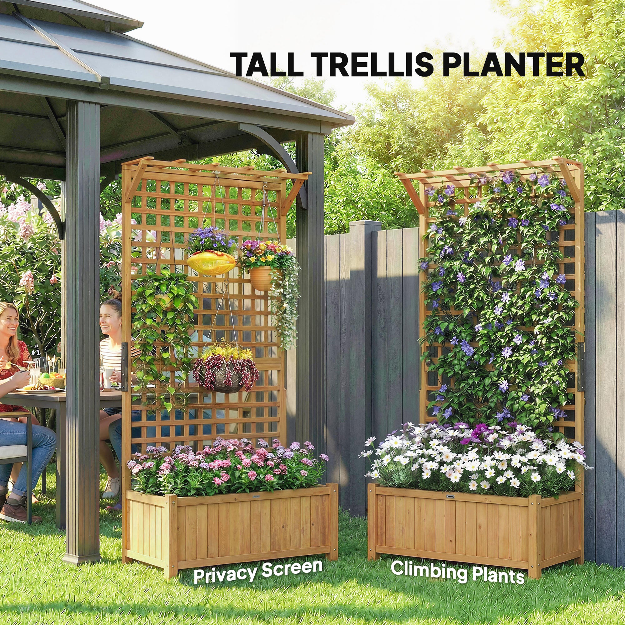 Wood Planter with Trellis for Vine Climbing, Raised Garden Bed, Privacy Screen for Backyard, Patio