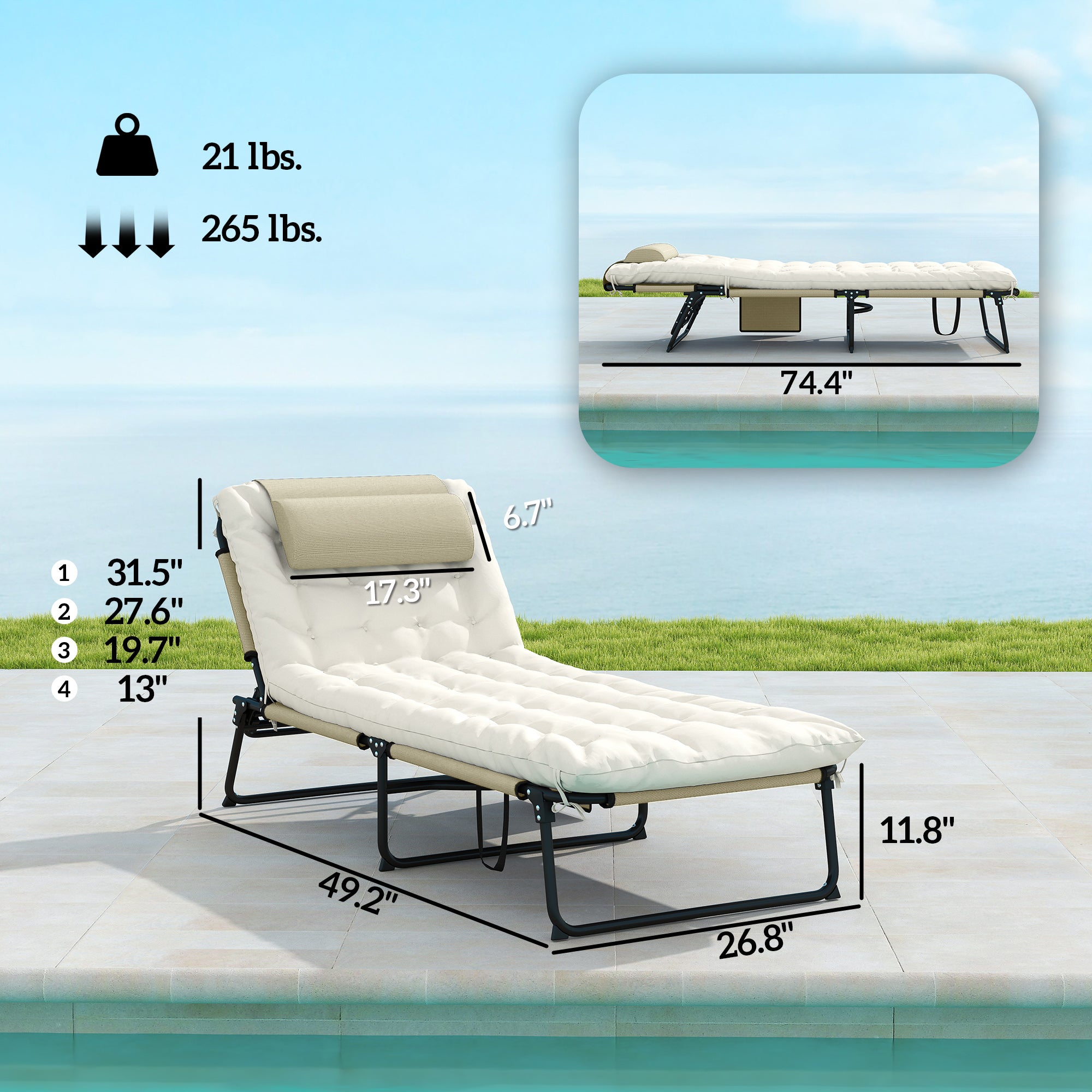 Folding Chaise Lounge Pool Chair with 4-level Reclining Back, Cushion, Side Pocket, Headrest