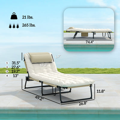 Folding Chaise Lounge Pool Chair with 4-level Reclining Back, Cushion, Side Pocket, Headrest