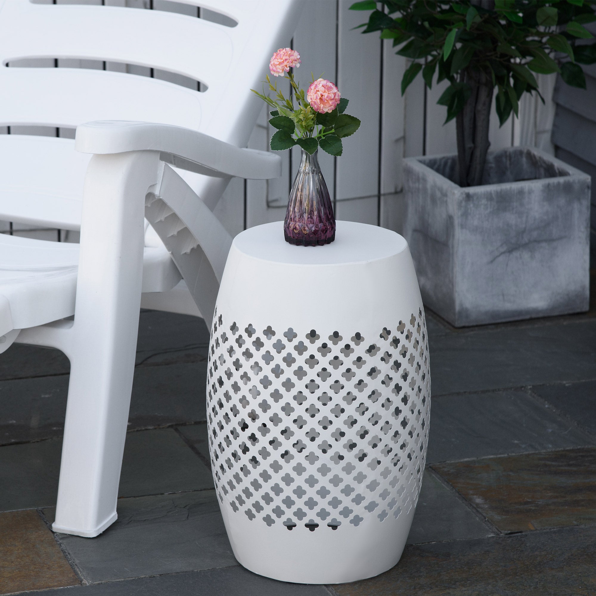 12" Steel Outdoor Side Table, Round Hollow Drum Patio End Table, Accent Table for Indoor and Outdoor