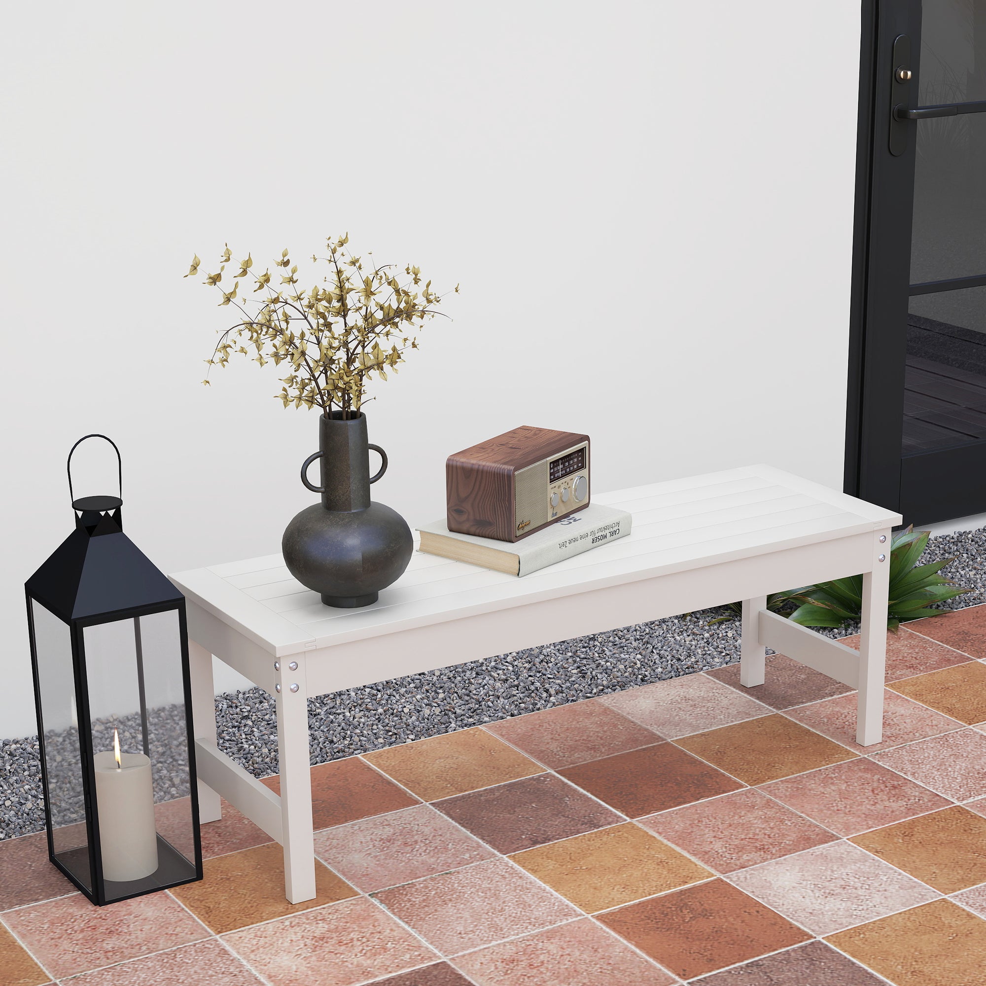 47" Outdoor Bench Seat, HDPE All-Weather Garden Bench, Backless Slatted Patio Bench for Yard, Porch, Park, White