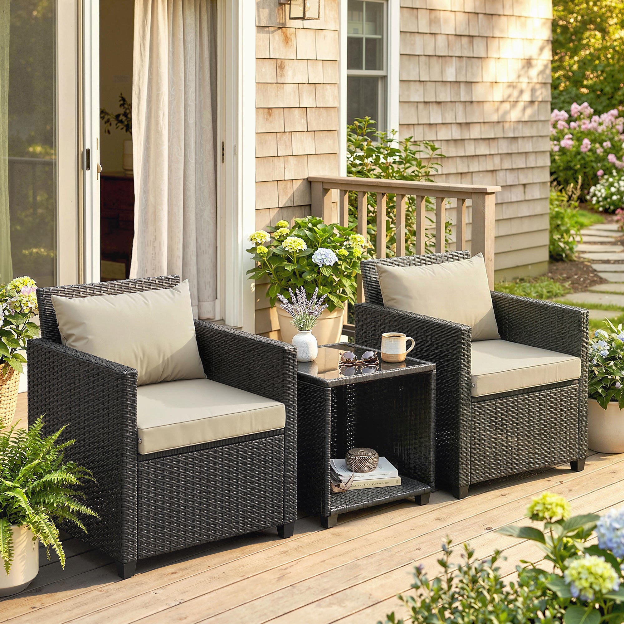 3 Piece Patio Bistro Set, Wicker Furniture Set with Thick Cushions, Glass Coffee Table and Chairs for Garden