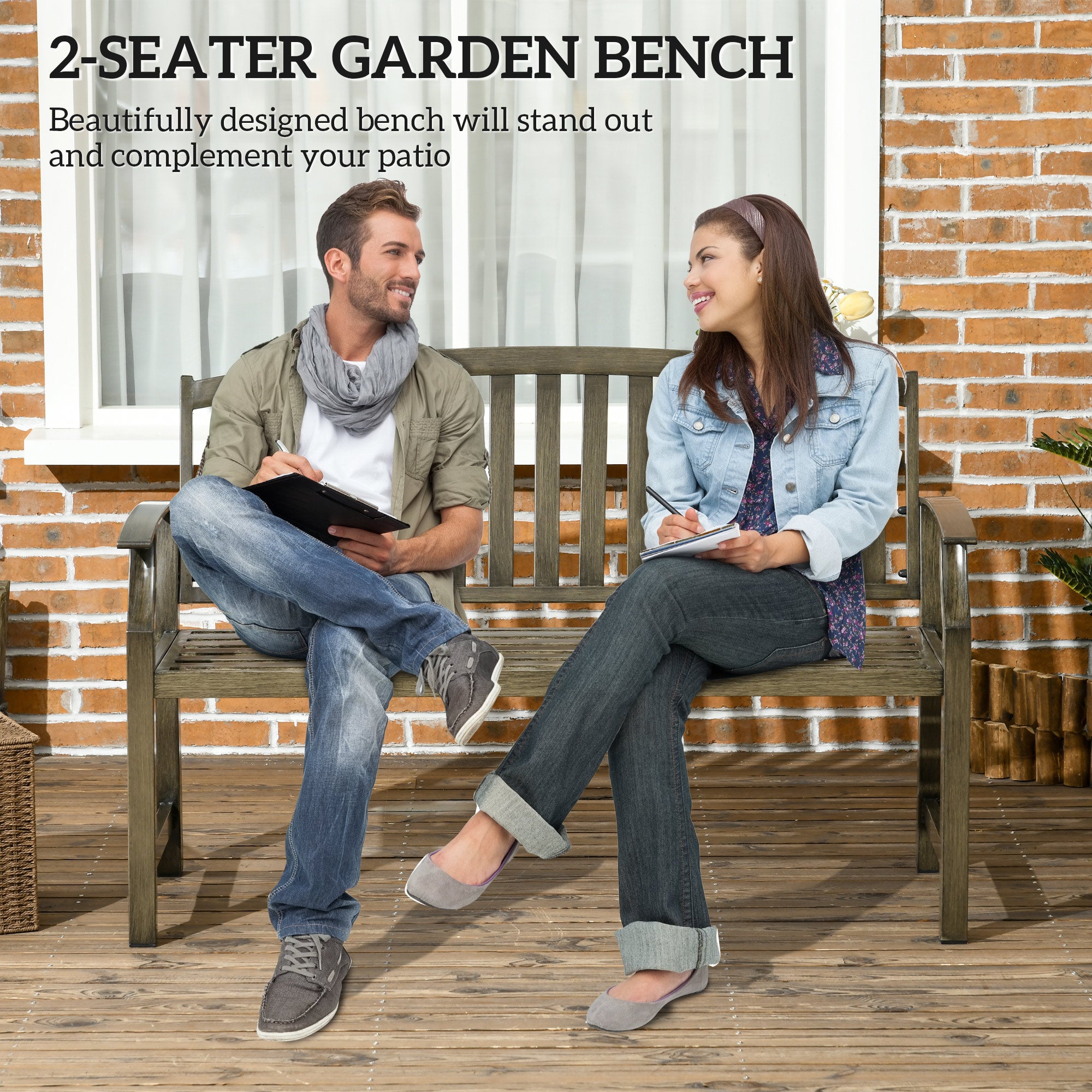 46" Outdoor Garden Bench, Metal Bench, Wood Look Slatted Frame Furniture for Patio, Park, Porch, Lawn, Yard, Deck, Black