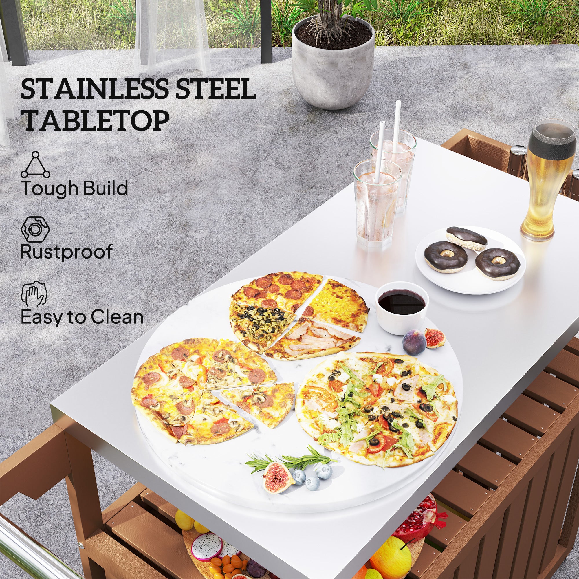 Outdoor Bar Cart with Storage, Stainless Steel Outdoor Bar Table Top, Wheeled HDPE Kitchen Island for Food Prep