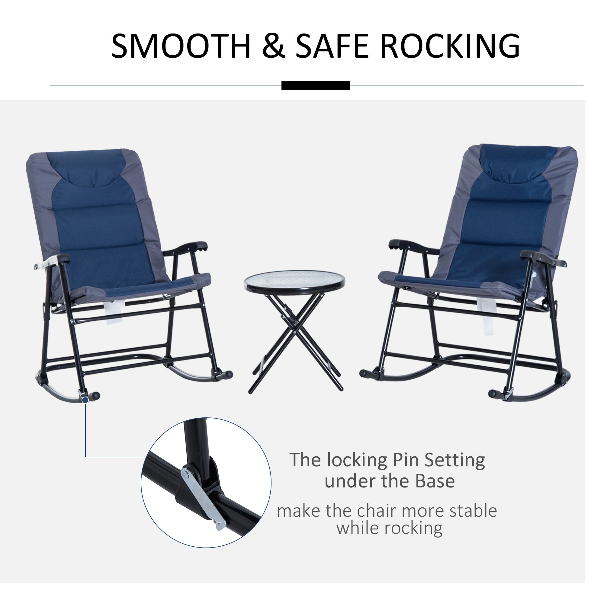 3 Piece Outdoor Folding Rocking Chair and Table Set - Blue and Gray