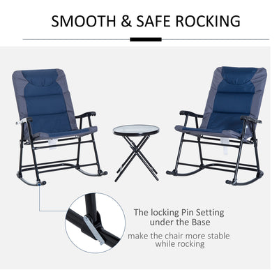 3 Piece Outdoor Folding Rocking Chair and Table Set - Blue and Gray