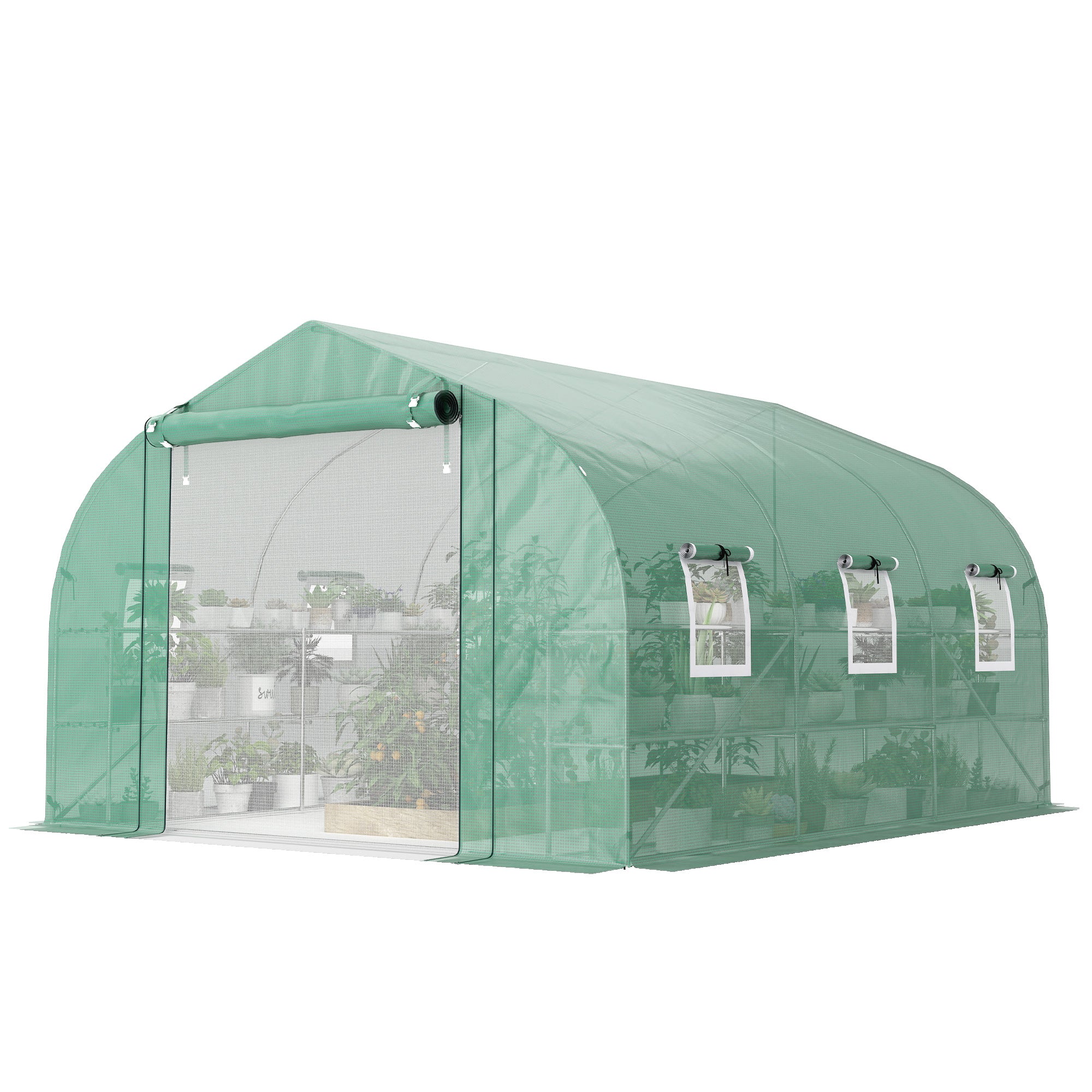 10'x11'x6' Walk-in Tunnel Greenhouse with Shelves, Mesh Door and Windows, Plant Hot House with PE Cover