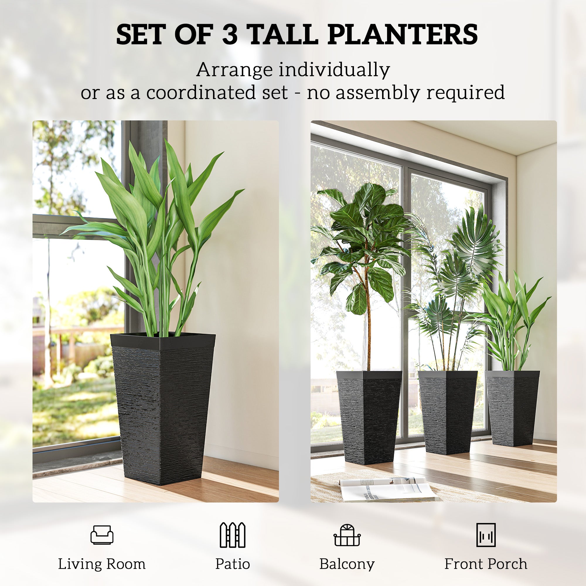 22.8 Inch Set of 3 Outdoor Planters with Stone Finish and Wheels, Stackable Tapered Planters with Drainage Hole