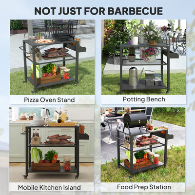 3-Tier Outdoor Grill Cart with Storage Racks, Side Handle, Movable Pizza Oven Table on Wheels