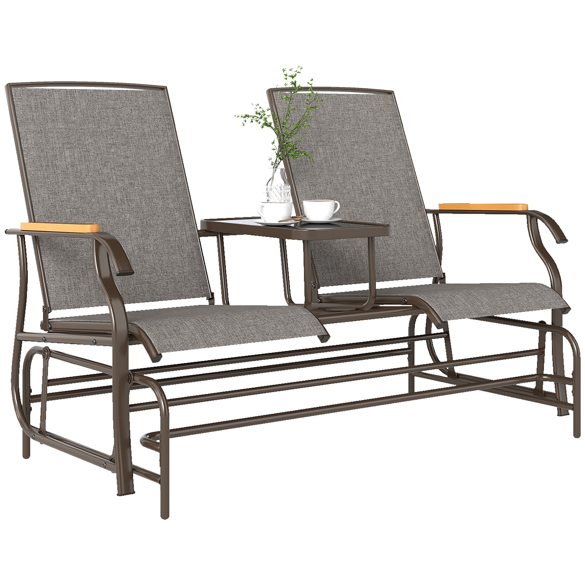 Outdoor 2-Person Glider Bench, Outside Glider Swing Chair Loveseat with Table, Steel Frame