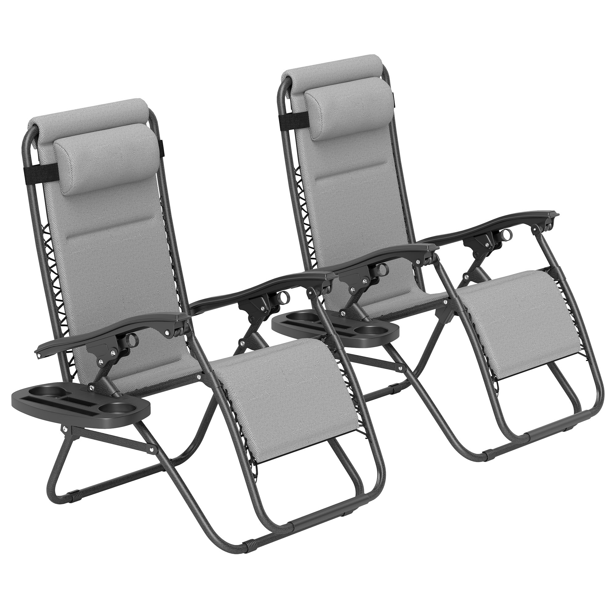 Zero Gravity Lounge Chair Set, 2 Pieces Reclining Folding Outdoor Lounge Chairs with Headrest Side Tray