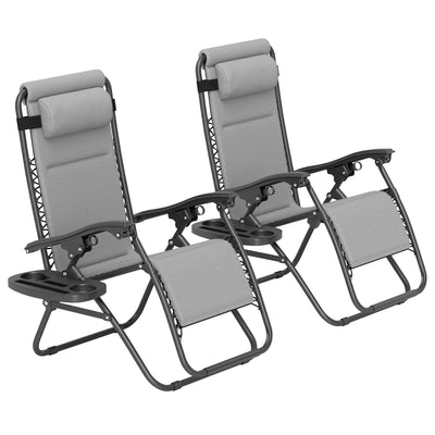 Zero Gravity Lounge Chair Set, 2 Pieces Reclining Folding Outdoor Lounge Chairs with Headrest Side Tray