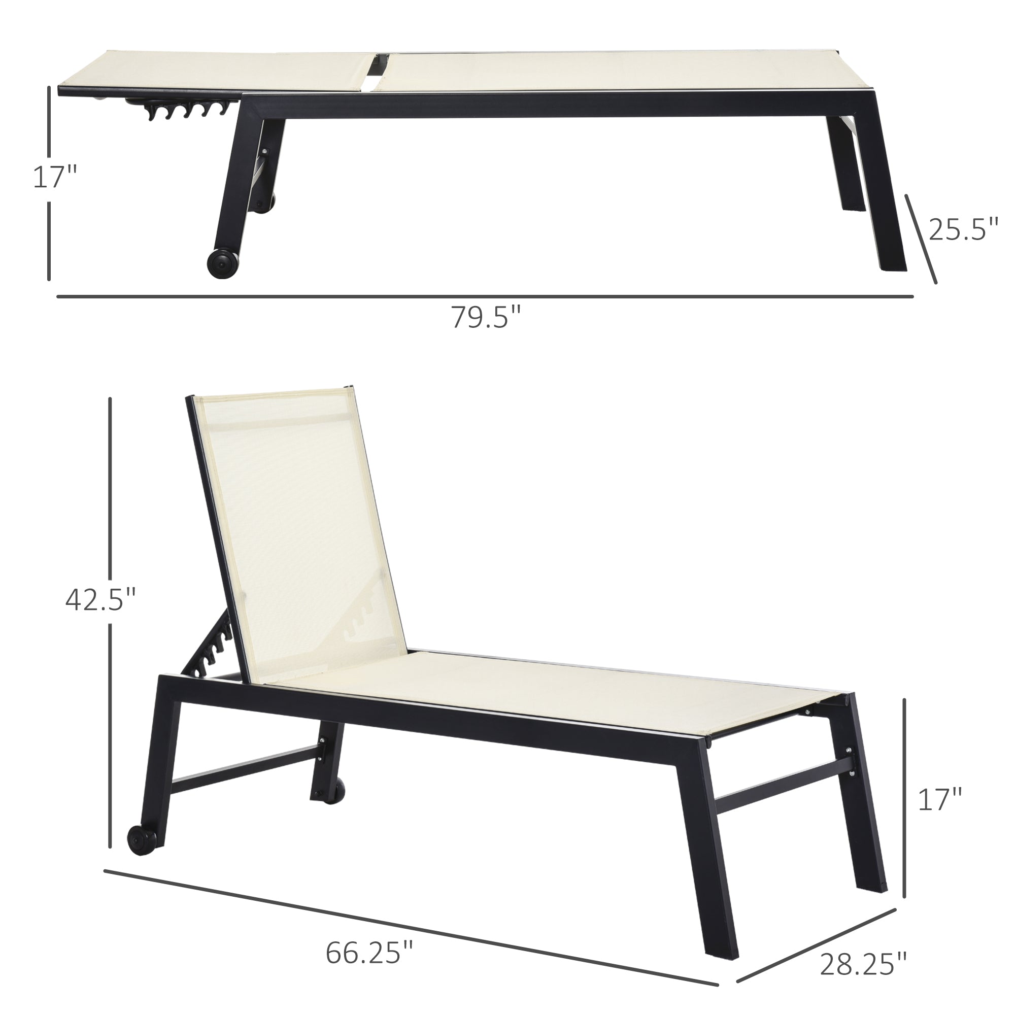 Outdoor Chaise Lounge with Wheels, Five Position Recliner for Sunbathing, Suntanning, Steel Frame, Breathable Fabric for Beach, Yard, Patio