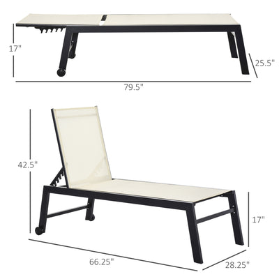 Outdoor Chaise Lounge with Wheels, Five Position Recliner for Sunbathing, Suntanning, Steel Frame, Breathable Fabric for Beach, Yard, Patio