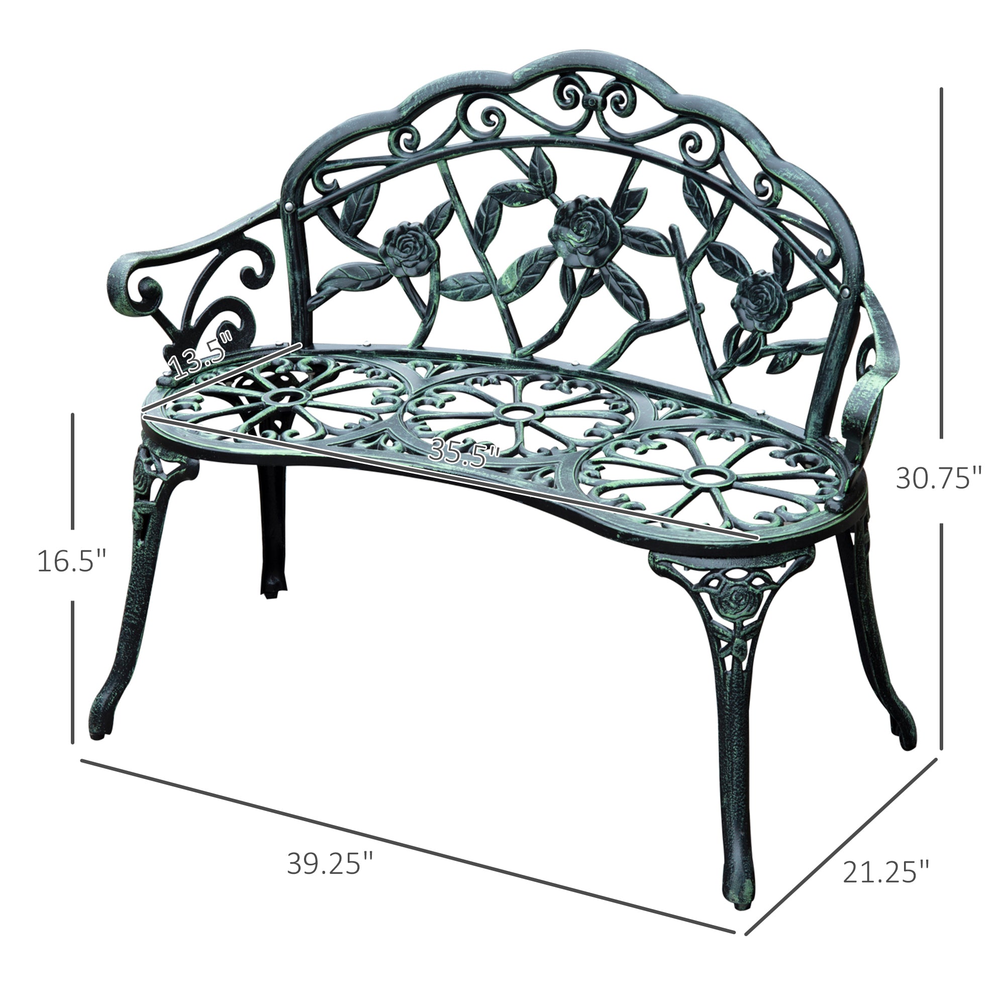 Outdoor Bench, Cast Aluminum Outdoor Furniture, Metal Bench with Floral Rose Accent & Antique Finish, Green