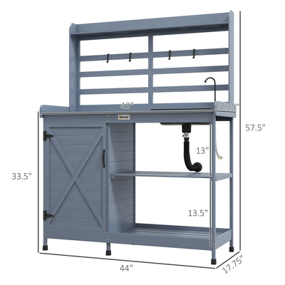Wooden Potting Bench with Storage, Sink, Water Tap for Backyard, Patio, Balcony