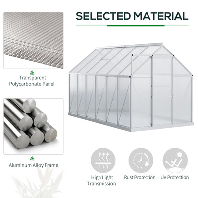 6' x 6' x 6.5' Polycarbonate Greenhouse with Aluminum Frame, Walk-in Heavy Duty Green House with Adjustable Roof Vent, Rain Gutter and Sliding Door for Winter, Silver