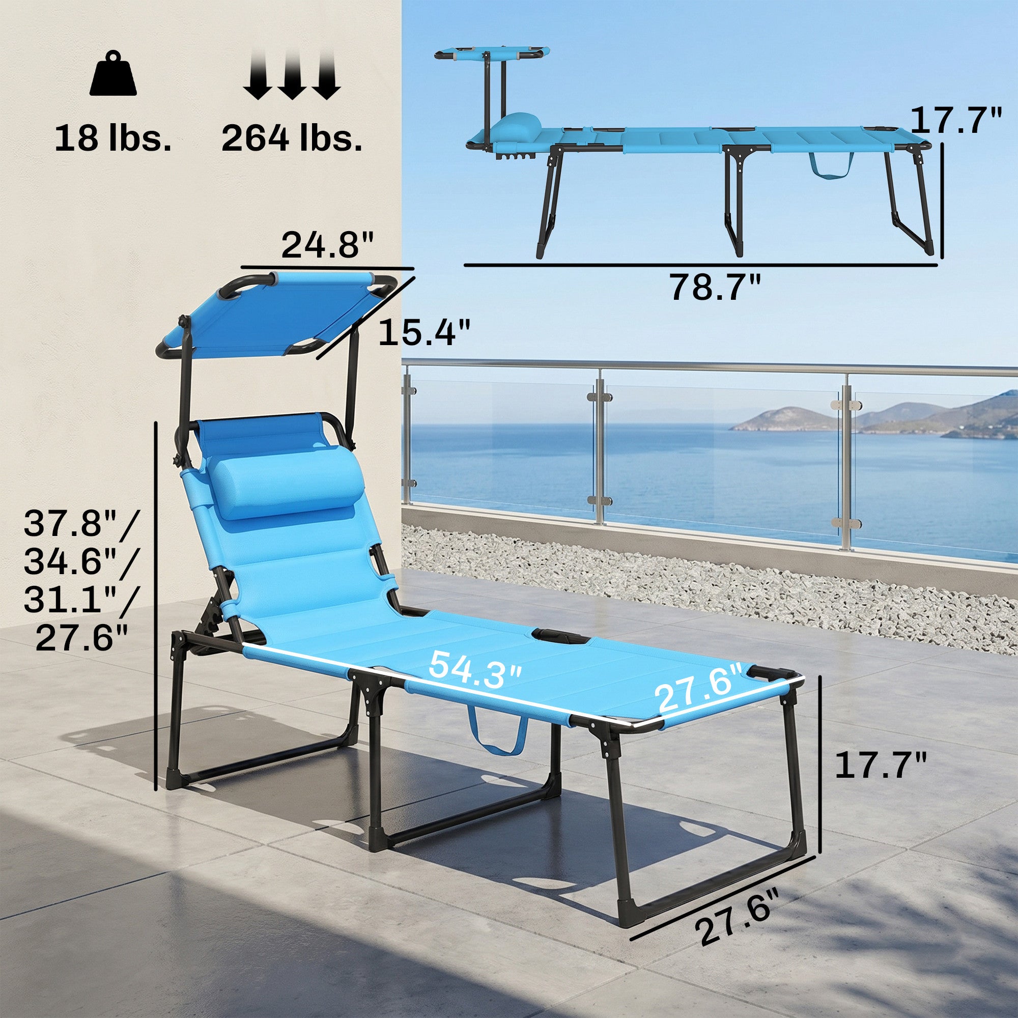 Outdoor Lounge Chair, 4 Position Adjustable Backrest, Folding, Cushioned w/ Sun Shade Roof & Pillow