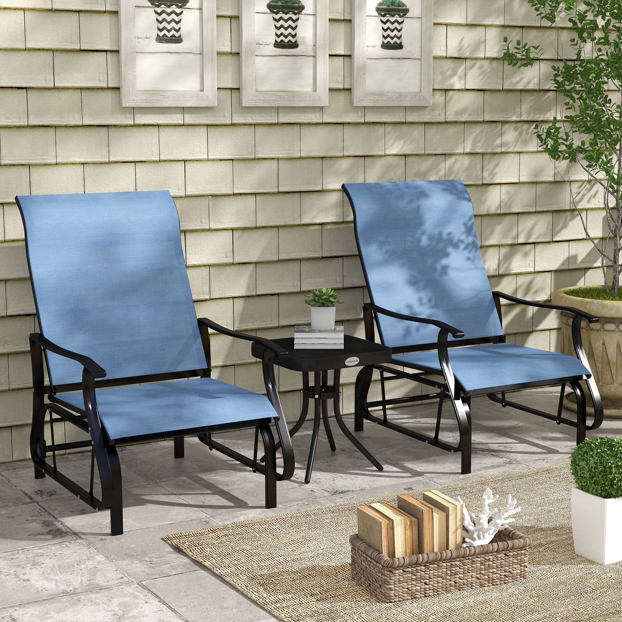 3-Piece Outdoor Gliders Set Bistro Set with Steel Frame, Tempered Glass Top Table for Patio, Garden