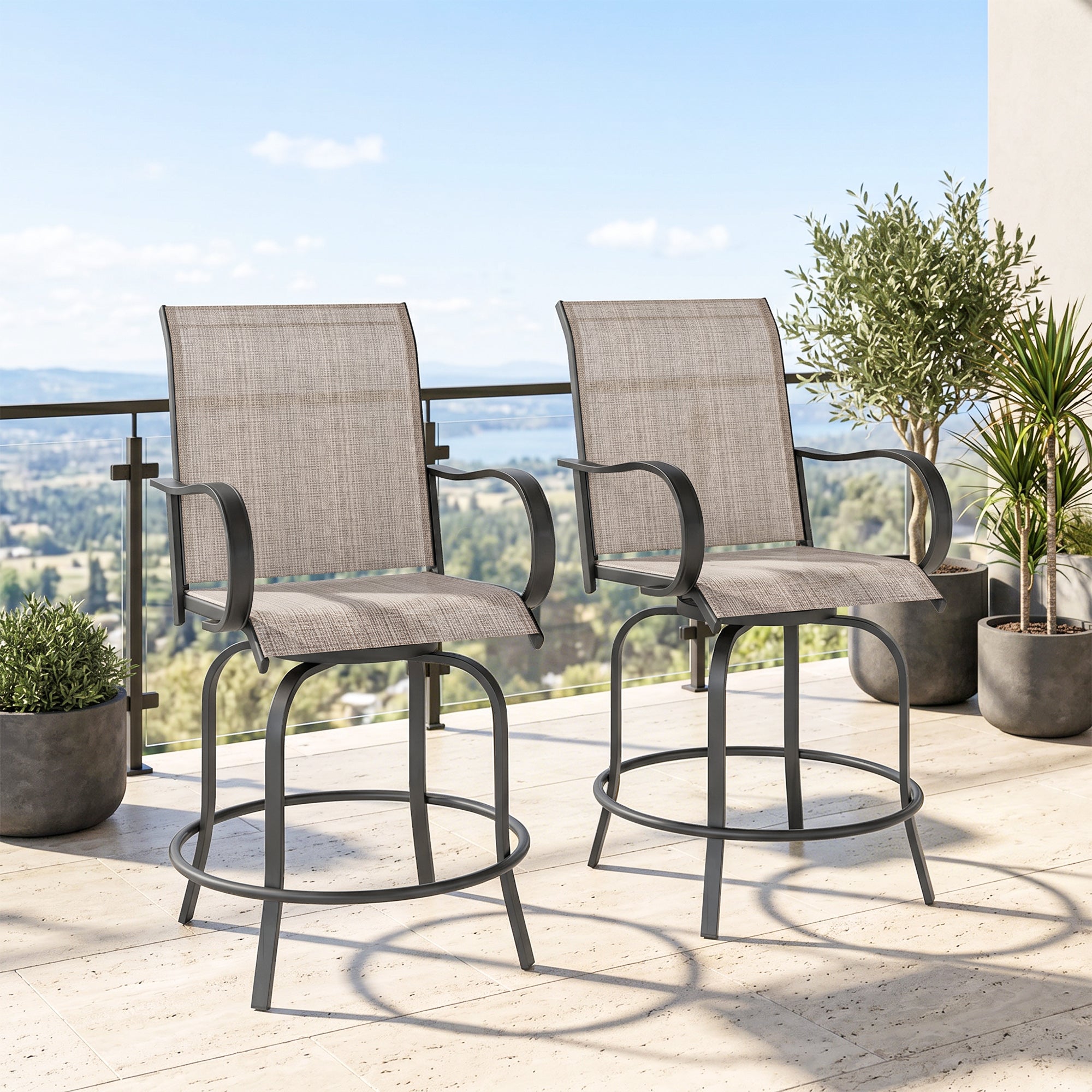 Outdoor Bar Stools Set of 2, 360° Swivel Bar Height Chairs, 26.75" x 29.5" x 48.5"