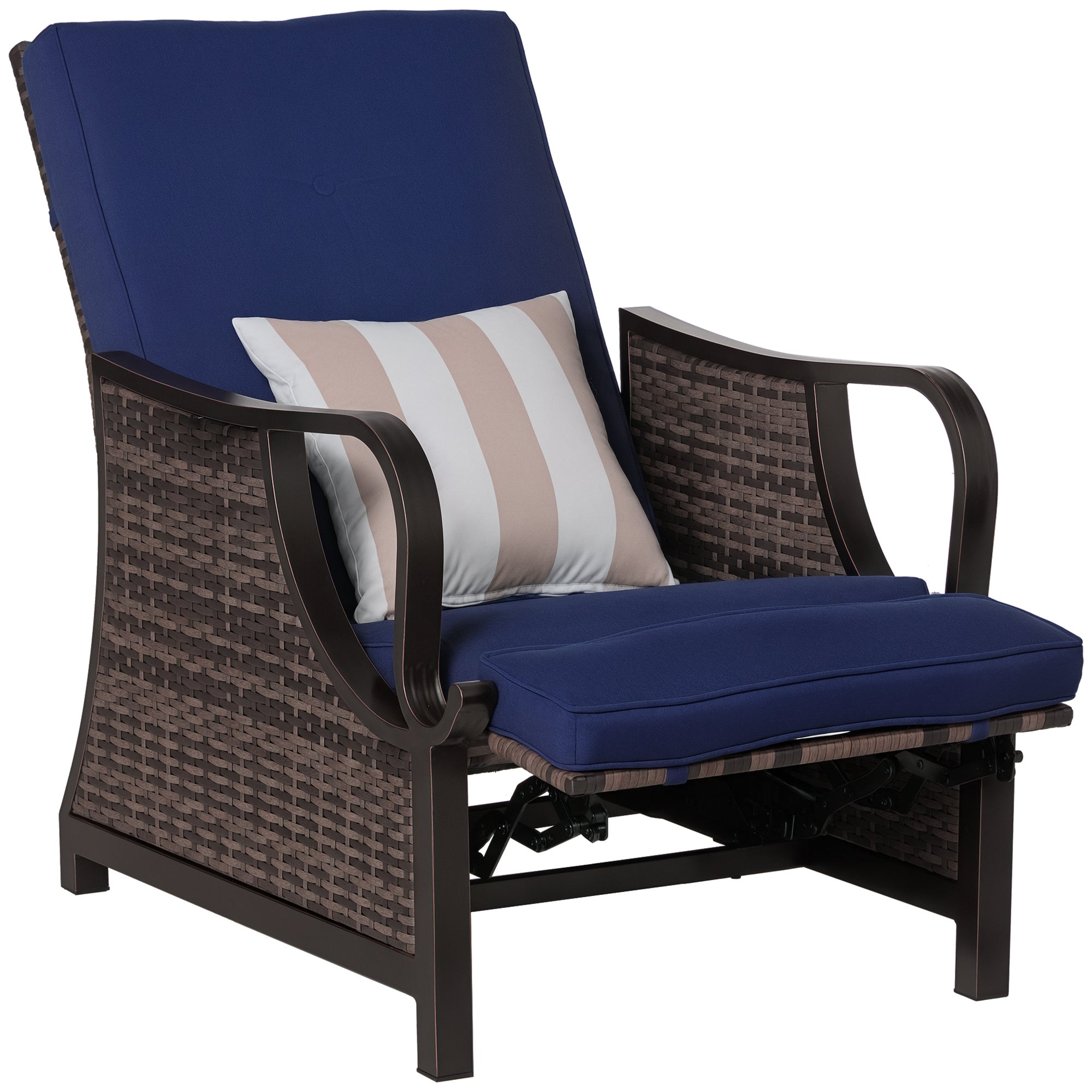 Outdoor Recliner Chair with Cushion, Rust-Resistant Aluminum Frames PE Wicker Patio Lounge Chaise Chair with Adjustable Reclining Backrest and Footrest, Pillow, Dark Blue