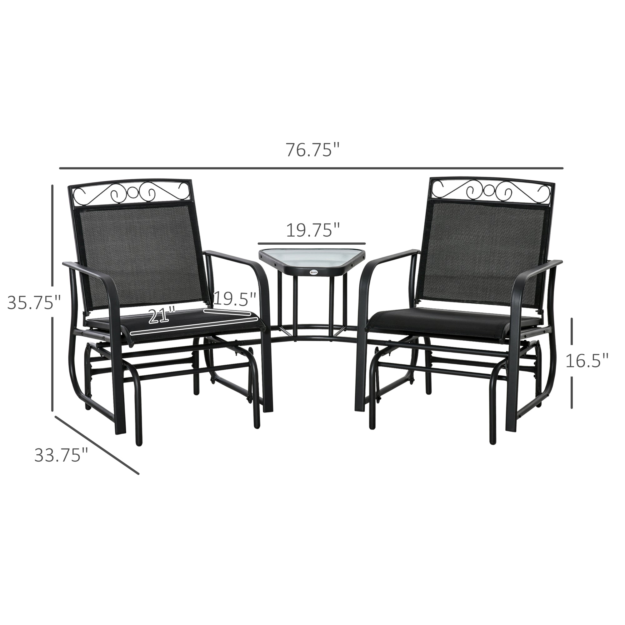 Outdoor Glider Chairs with Coffee Table, Patio 2-Seat Rocking Chair Swing with Breathable Sling for Backyard, Garden and Porch
