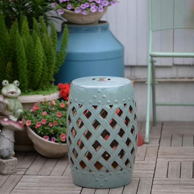 13" x 18" Ceramic Garden Stool with Woven Lattice Design & Glazed Strong Materials Decorative Outdoor Stool