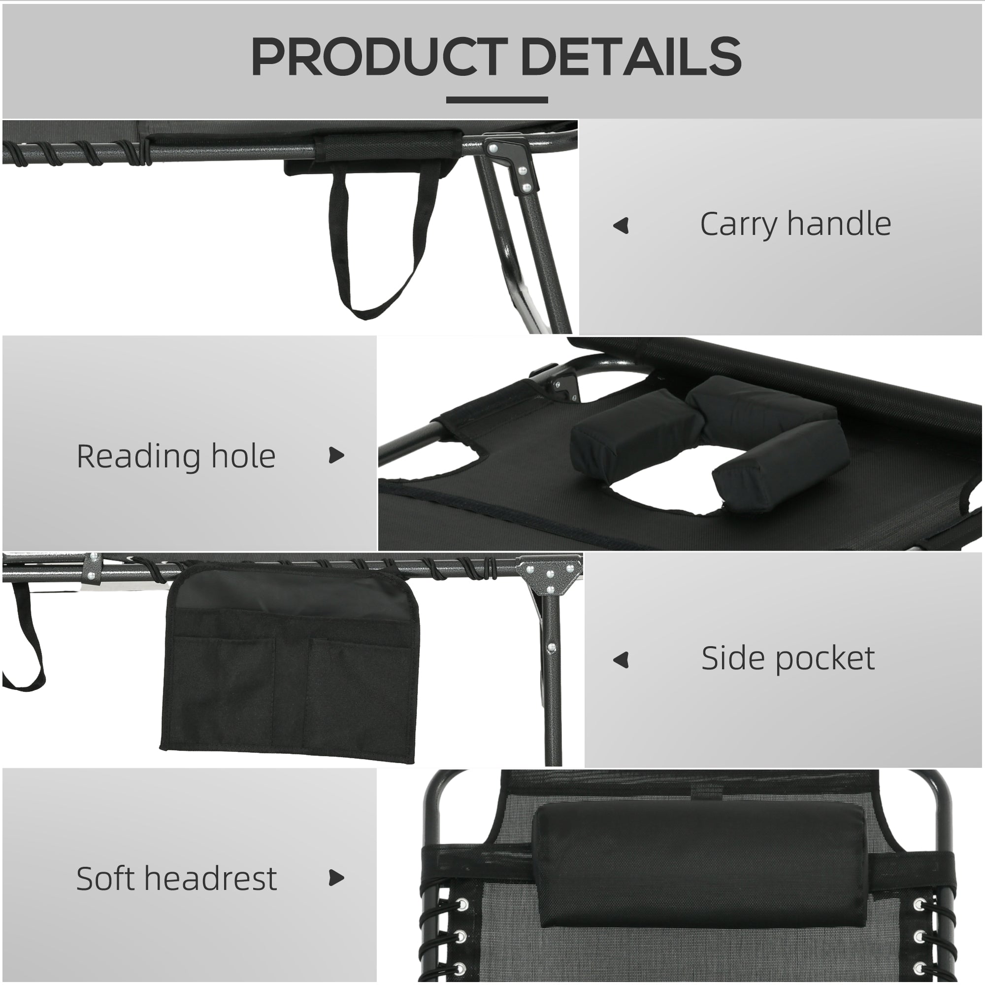 Folding Chaise Tanning Lounge Chair w/ 5-level Reclining Back, Reading Hole, Side Pocket, Headrest