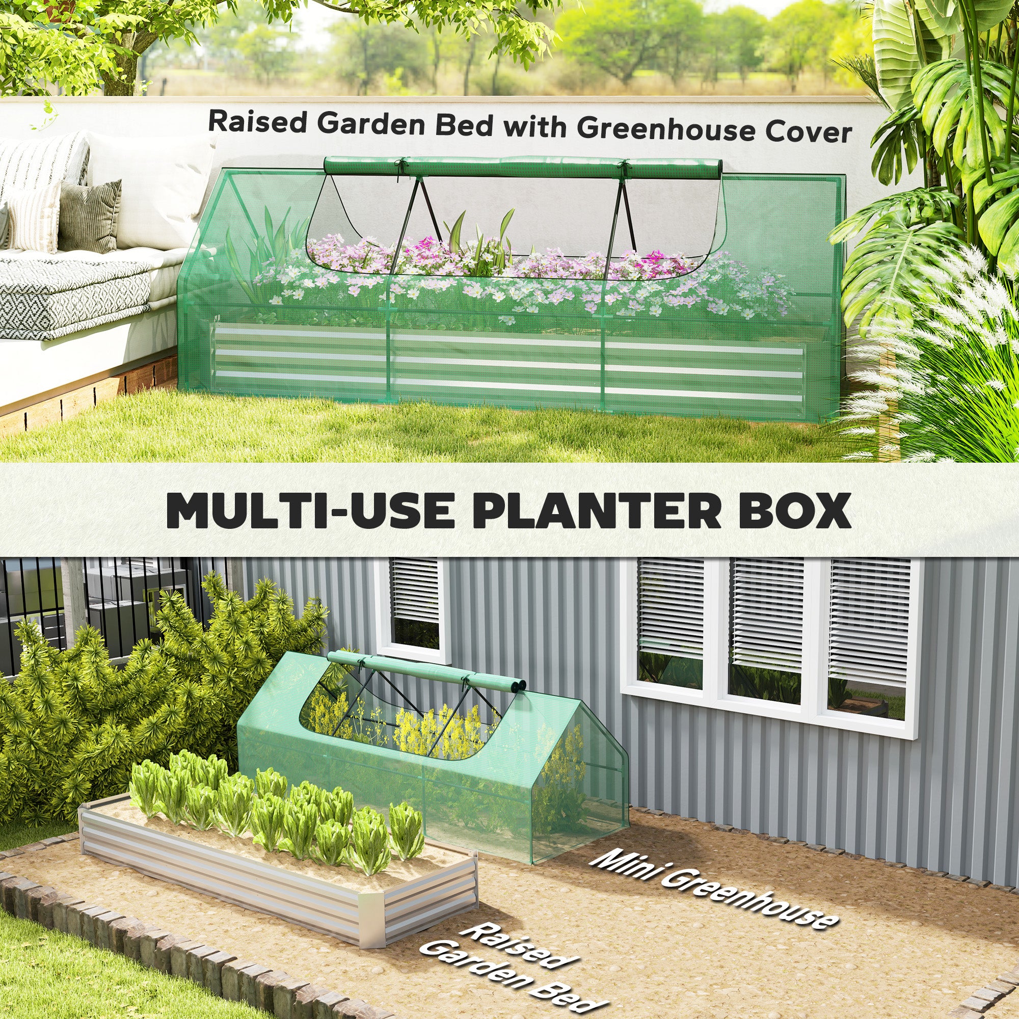 8.6 x 3 x 1ft Metal Planter Box with Mini Greenhouse, Galvanized Raised Garden Bed with Cover for Herbs and Vegetables, Small Greenhouse for Patio Garden Balcony