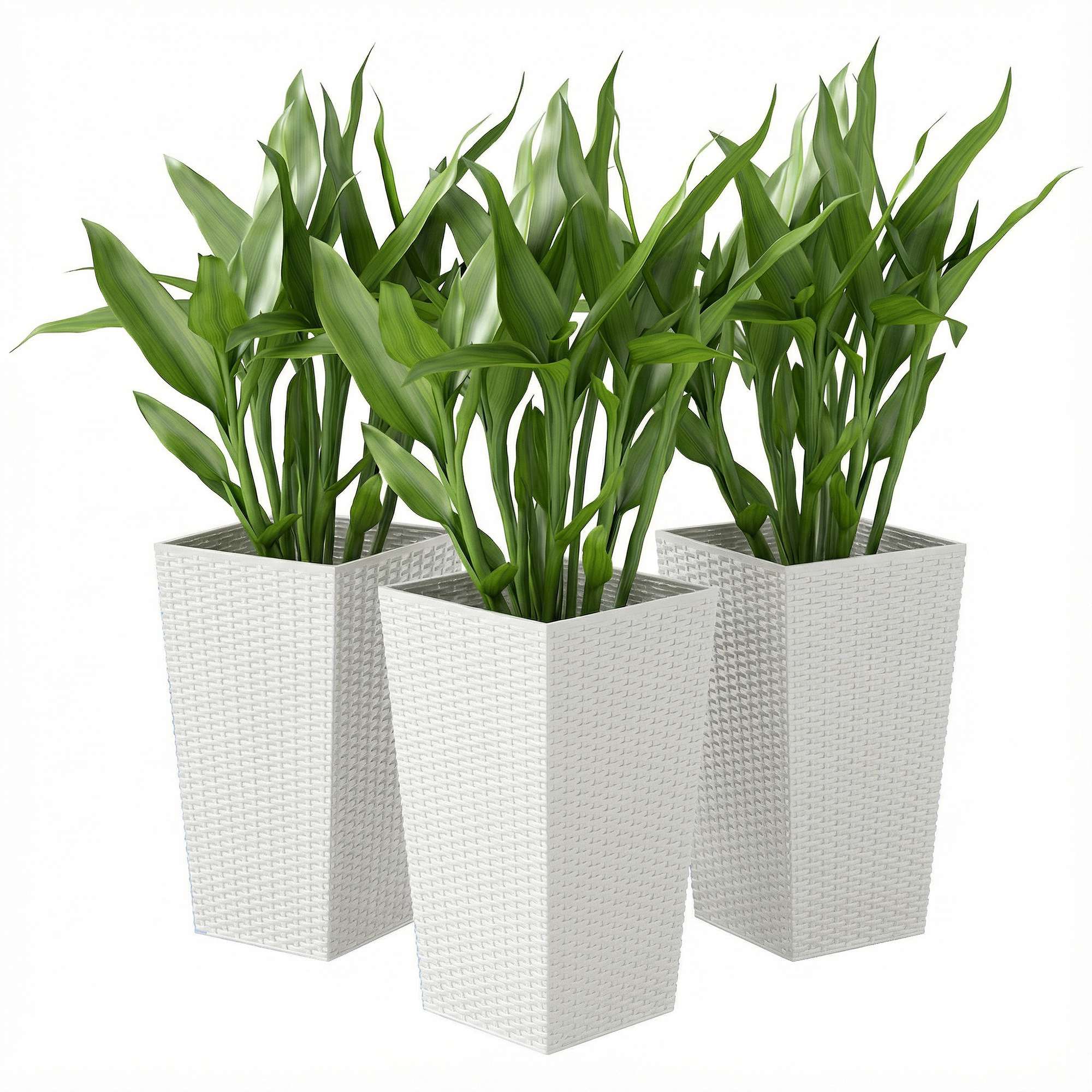 Tall Planters for Outdoor Plants Set of 3, 24 In Taper Planters with Drainage Holes, Rattan Decor Plant Pots
