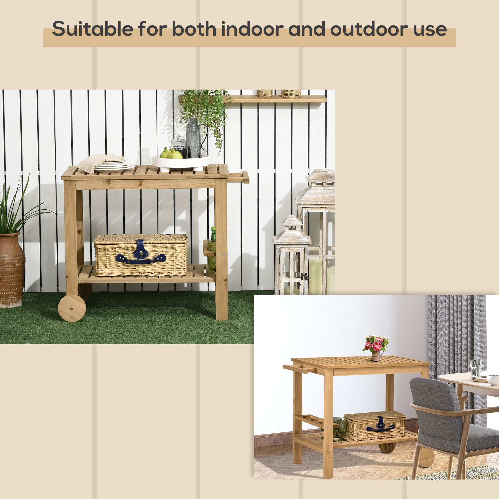 Outdoor Bar Cart, Wood Rolling Home Bar & Serving Cart ，2 Shelves, Wine Bottle Holders for Garden, Dining Room, Natural