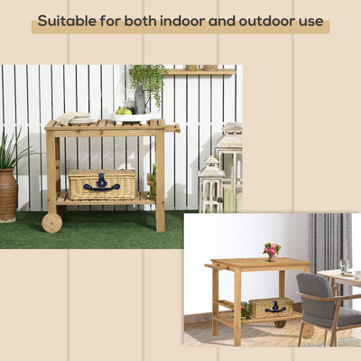 Outdoor Bar Cart, Wood Rolling Home Bar & Serving Cart ，2 Shelves, Wine Bottle Holders for Garden, Dining Room, Natural