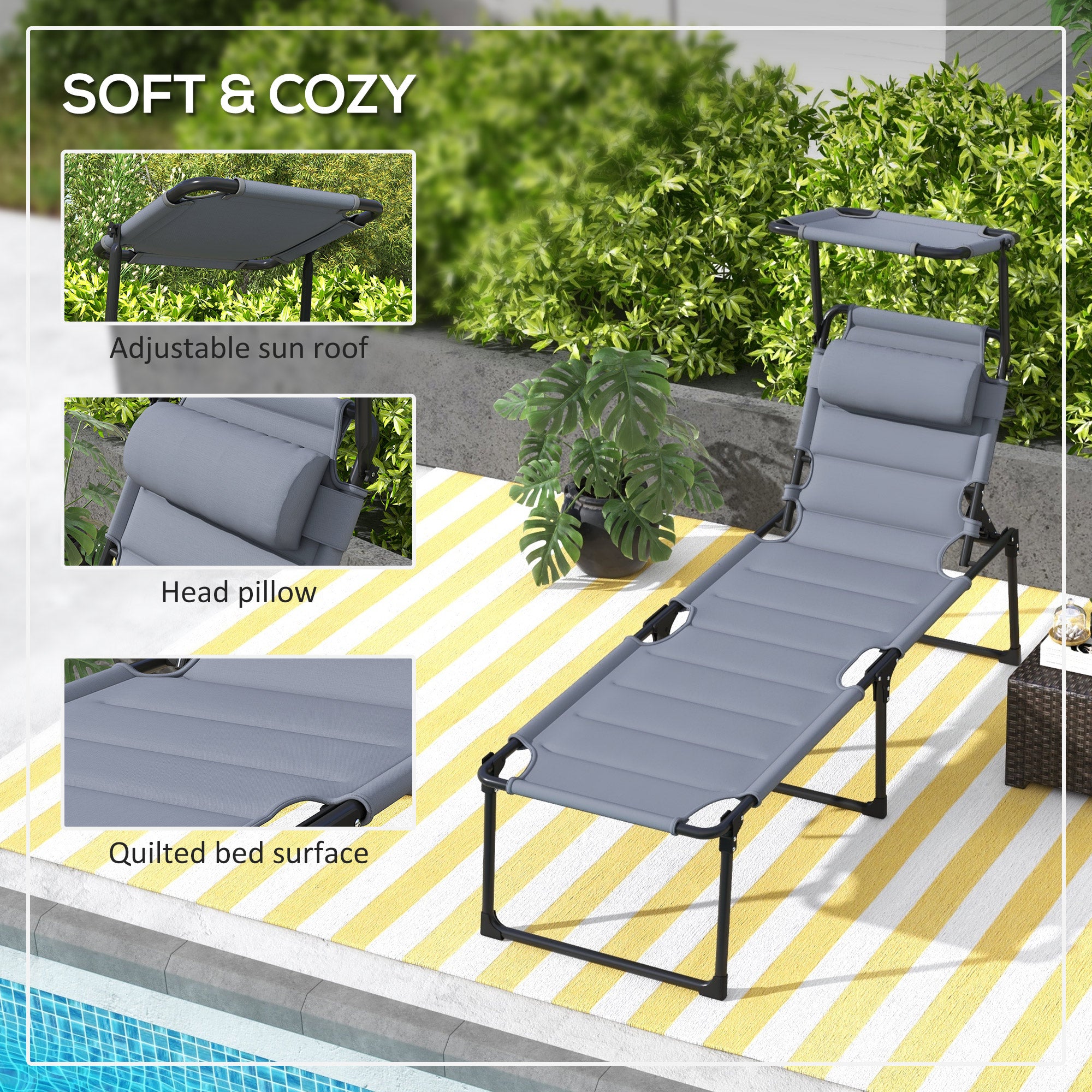2 Pcs Outdoor Lounge Chair, 4 Position Adjustable Backrest, Folding, Cushioned w/ Sun Shade Roof & Pillow