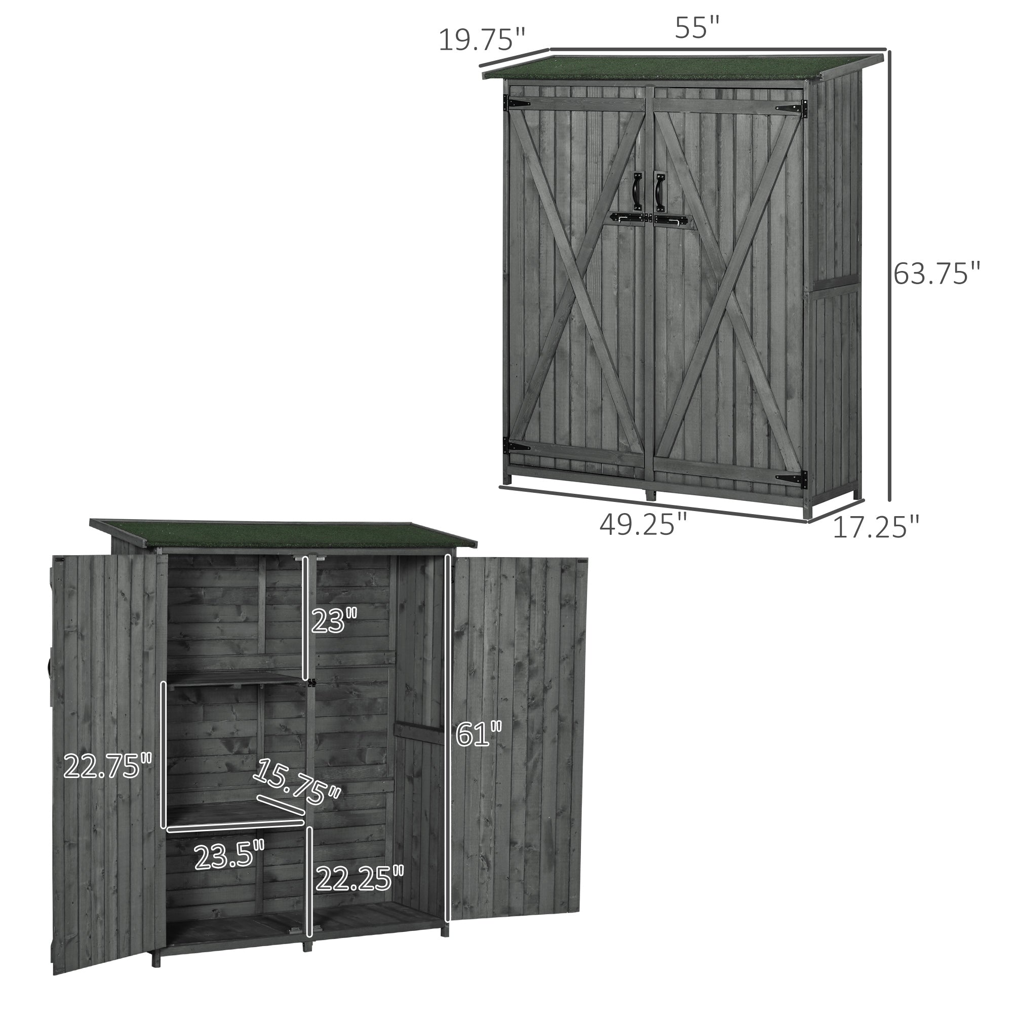 Outdoor Storage Cabinet Wooden Garden Shed Utility Tool Organizer with Waterproof Asphalt Rood, Lockable Doors, 3 Tier Shelves for Lawn, Backyard