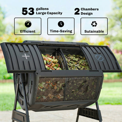 Compost Bin Outdoor, 53 Gal Dual Chamber Tumbling Composter with Adjustable Vents, BPA Free Tumbling Composter
