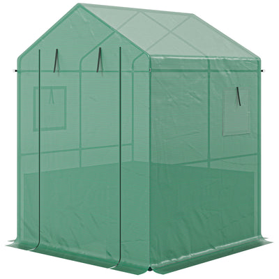 Greenhouse with Raised Garden Bed, Galvanized Steel Outdoor Greenhouse with Roll Up Door, 56" x 56" x 75"