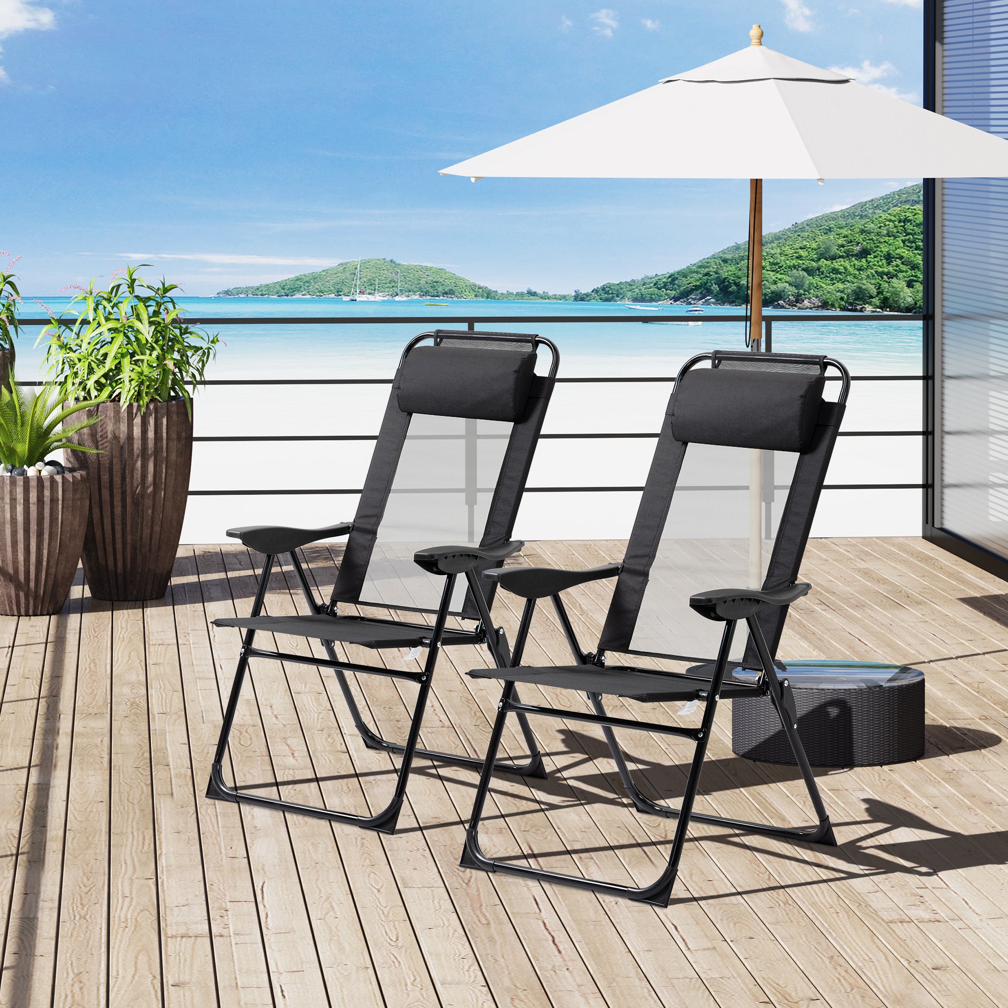 Folding Patio Dining Chairs Set of 2, Outdoor Deck Chair with Removable Headrest, Camping Chair with Adjustable Sling Back for Garden, Backyard, Lawn
