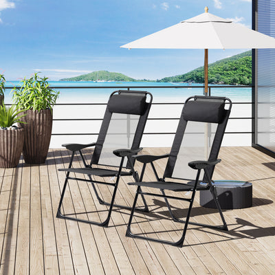 Folding Patio Dining Chairs Set of 2, Outdoor Deck Chair with Removable Headrest, Camping Chair with Adjustable Sling Back for Garden, Backyard, Lawn