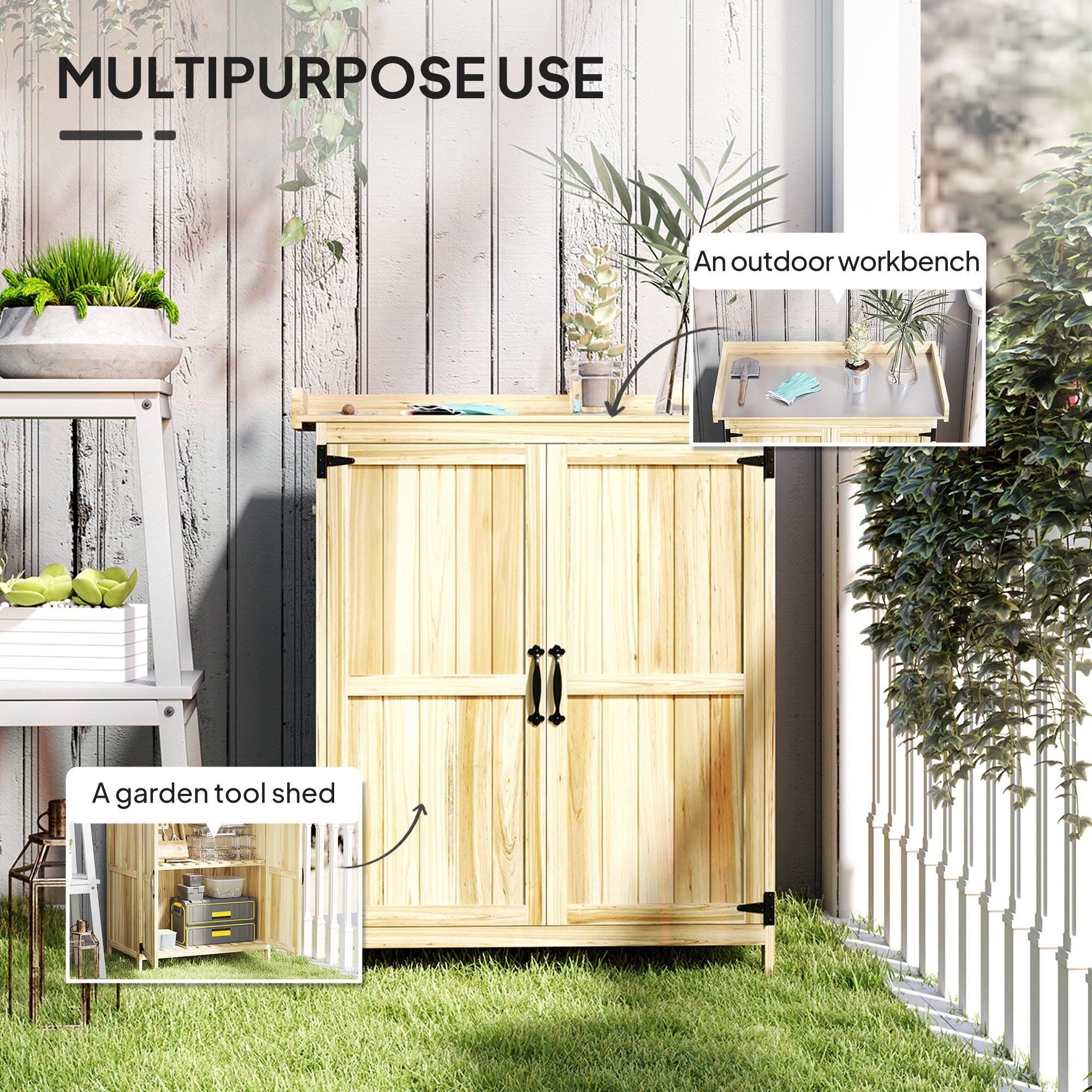 Outdoor Storage Cabinet, Garden Tool Shed with Metal Tabletop and Shelf, Wooden Potting Bench with 2 Doors