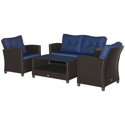 4 Pieces Patio Furniture Sets with Cushions, PE Rattan Wicker Conversation Chairs with Two-Tier Coffee Table for Backyard Porch Garden Poolside and Deck, Blue