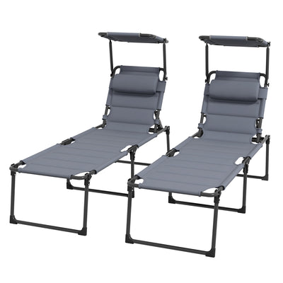 2 Pcs Outdoor Lounge Chair, 4 Position Adjustable Backrest, Folding, Cushioned w/ Sun Shade Roof & Pillow