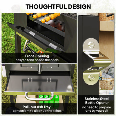 Charcoal BBQ Grill with 245 sq. in. Cooking Area, Adjustable Charcoal Pan, 3 Shelves, Thermometer, Black