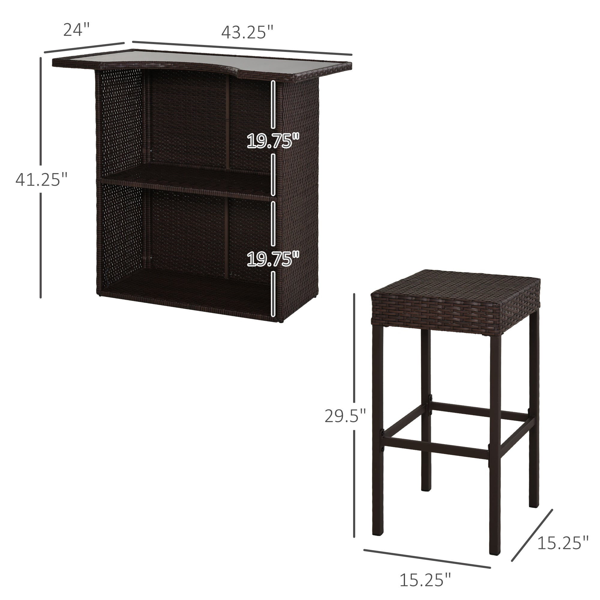 5 Piece Wicker Outdoor Bar Set, High Top Outdoor Table and Chairs, Height Patio Set with Glass Table Top 2 Tier Storage Shelf and 4 Bar Stools for Garden, Poolside, Dark Brown