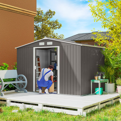 9' x 6' Outdoor Storage Shed, Garden Tool Metal Shed with Foundation Kit, Double Lockable Door, Air Vents and Sloping Roof, for Backyard, Patio, Lawn