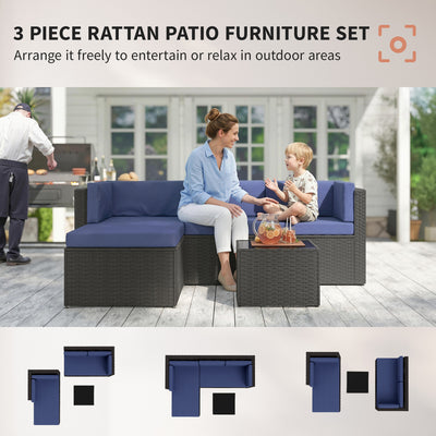 3 Piece Patio Furniture Set, Wicker Outdoor Patio Conversation Furniture Set with Cushions, Glass Top Table