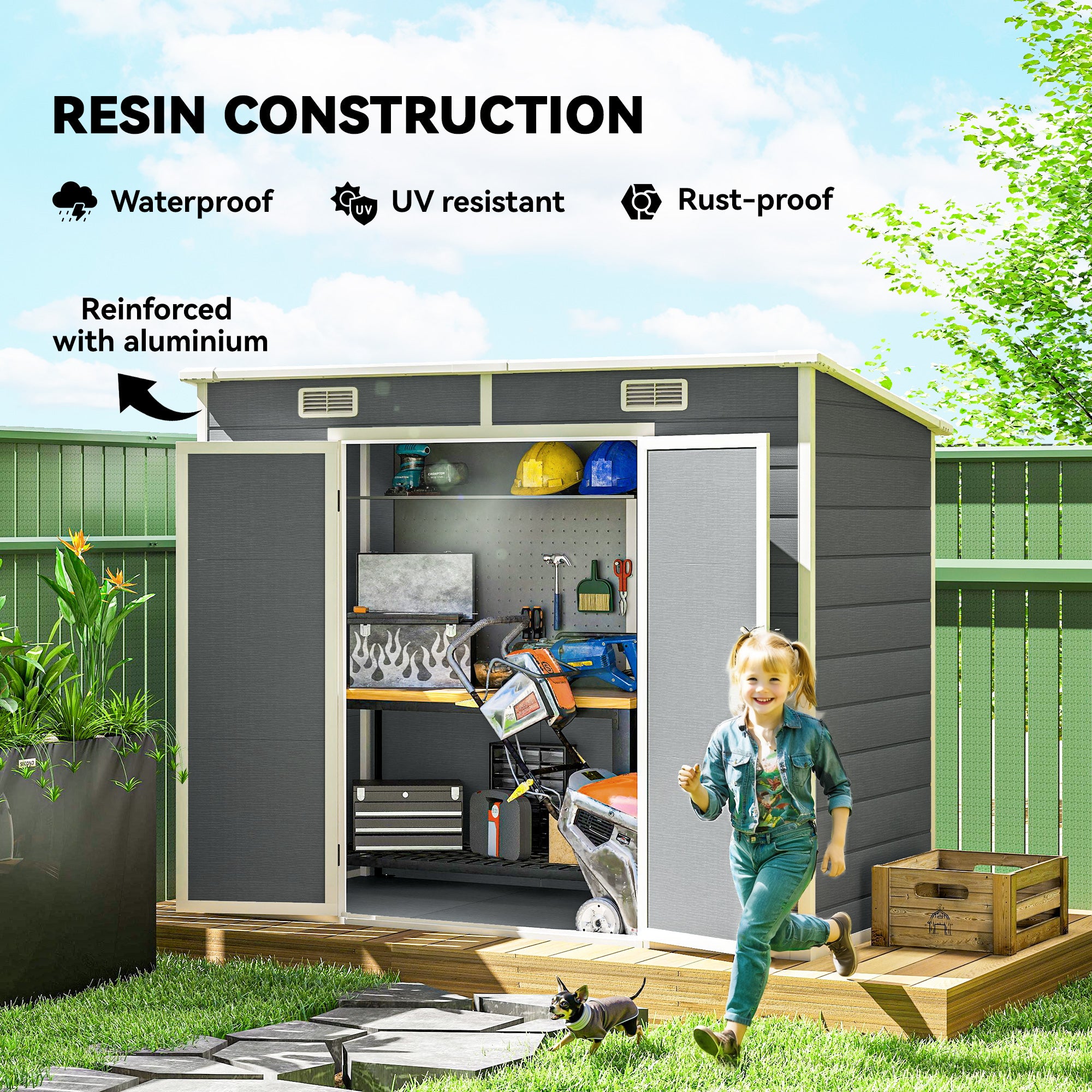 8' x 4' Plastic Outdoor Storage Shed with Floor, Window, Lockable Doors and Vents for Backyard Patio Lawn