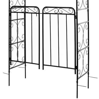 84" Garden Arch Arbor with Gate, Metal Arch Trellis, Garden Archway for Climbing Vines, Wedding Ceremony Decoration, Flourishes & Arrow Tips, Black
