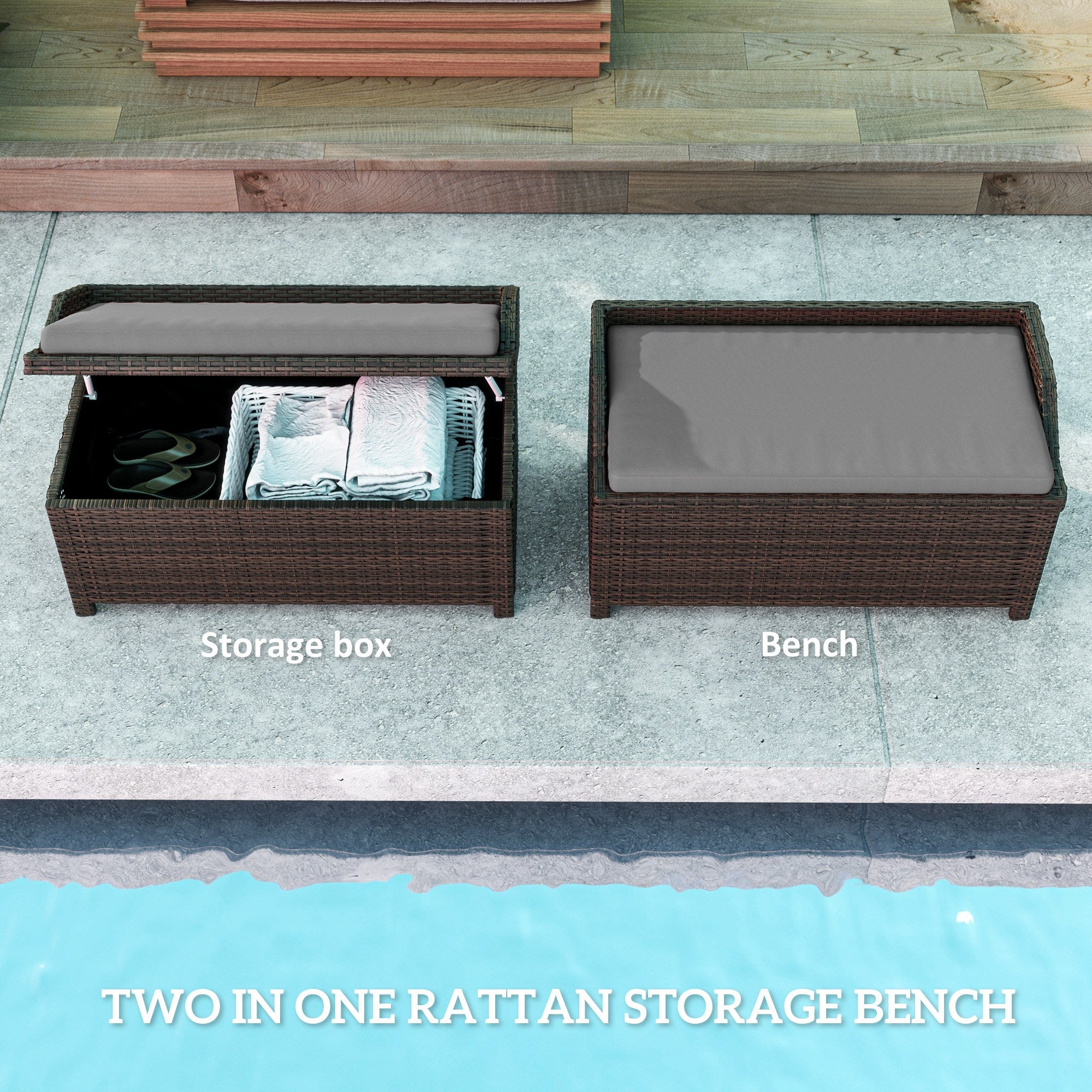 Outdoor Wicker Storage Bench with Storage & Cushion