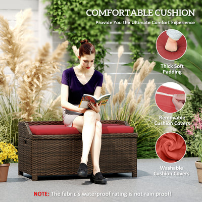 Outdoor Wicker Storage Bench with Storage & Cushion, Red