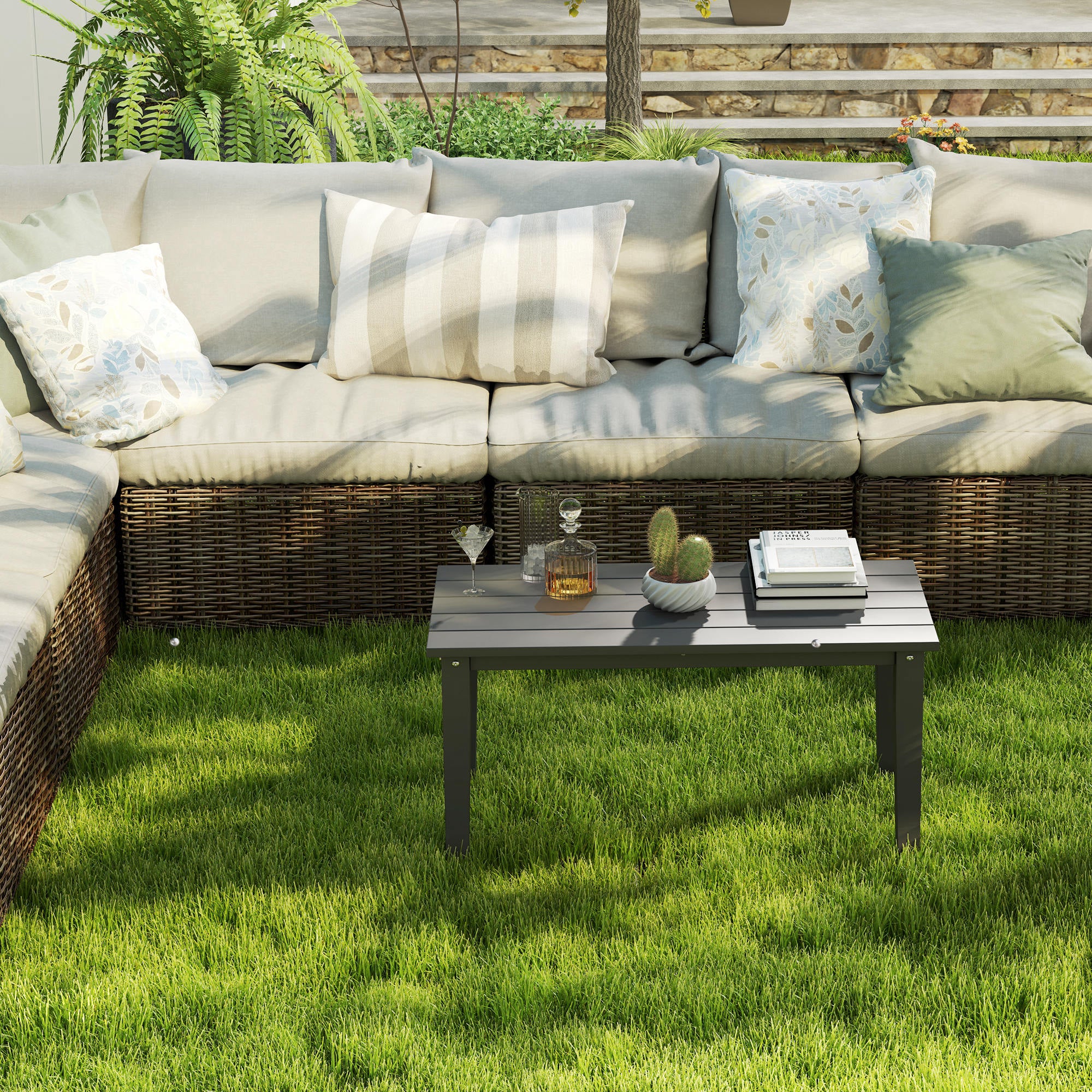 Rectangle Outdoor Coffee Table, HDPE All-Weather Outdoor Patio Table with Slatted Tabletop for Yard, Balcony